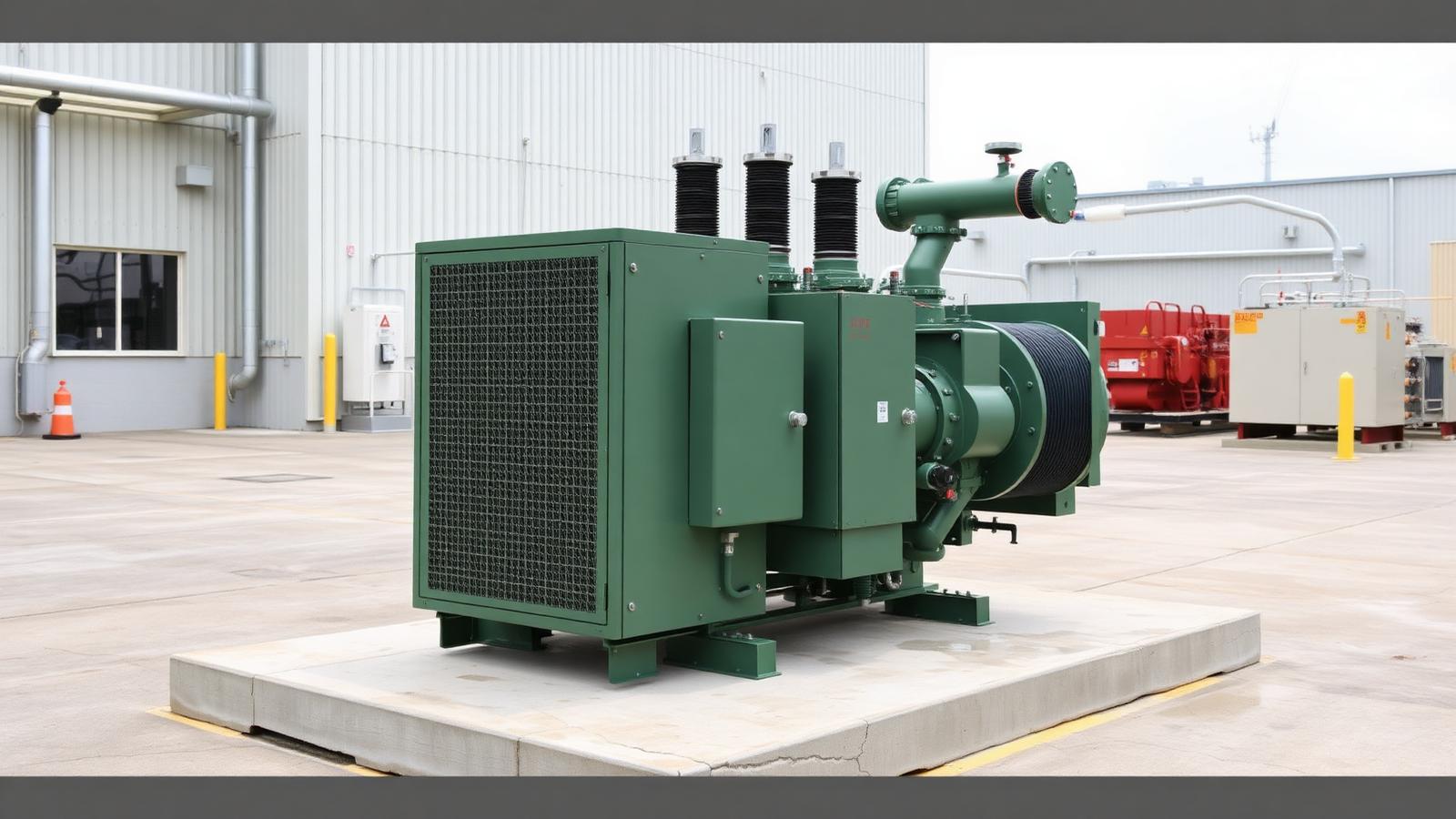 Green pad-mounted liquid-filled distribution transformer installed on a concrete pad at an industrial facility
